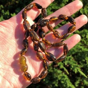 Dark Green Baltic Amber Necklace Olive Form Beads